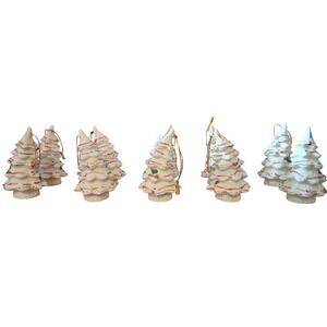 VTG 3" Christmas Tree Ornaments Ceramic White Gold Pink Holiday Decor Set of 10